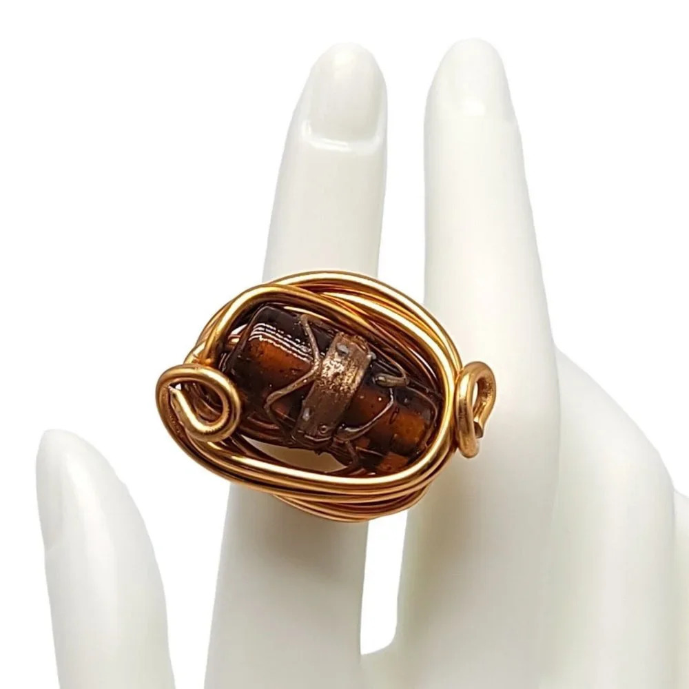 Brown Gold Art Glass Artisan Copper Wire Vintage Ring Size 5.75